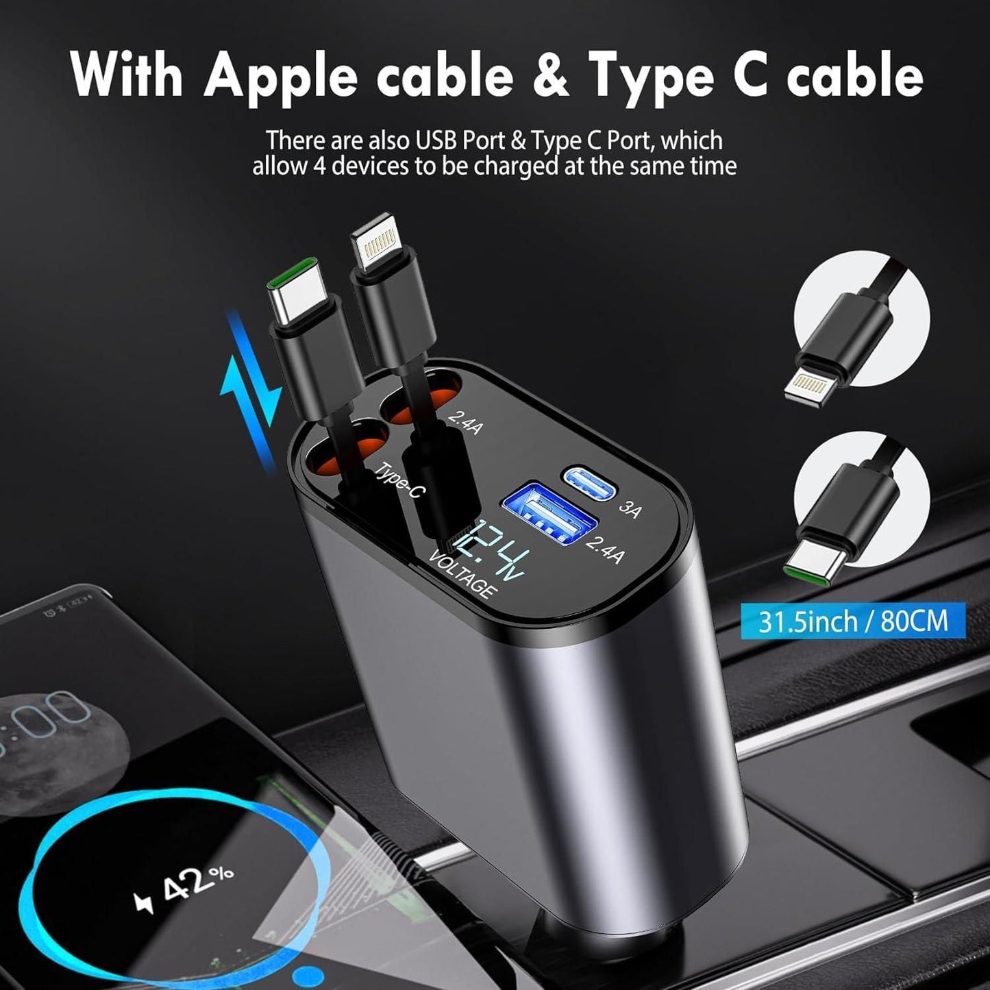 AutoRetract™️ Fast-Charge Pro - Retractable Car Charger